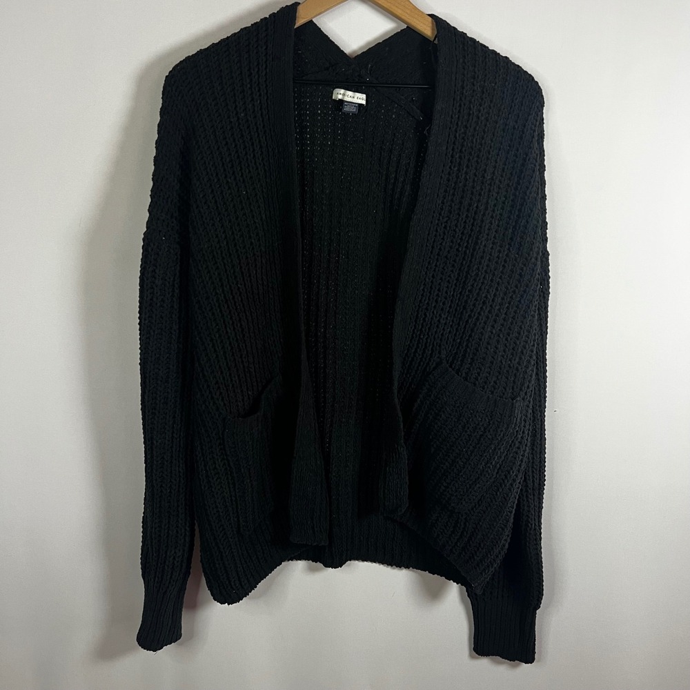 NWOT American Eagle‎ Sweater Women XS Black Open Front Oversized Knit Cardigan